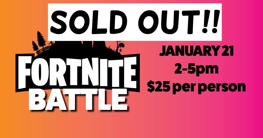 FlyWasilla's tweet photo. We are officially SOLD OUT for the Fortnite Battle on Monday January 21st! Let the Battles being! Can’t wait to see all the players there! We will be scheduling another Battle soon so anyone that didn’t make this one look out for the next Battle! #FlyWasilla #OnlyAtFly https://t.co/GwjZGr1ZWQ