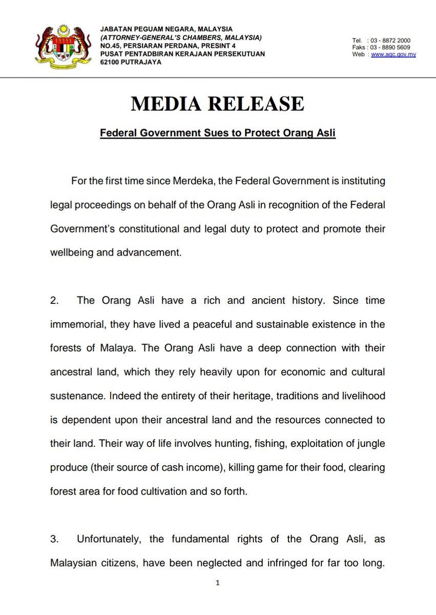 Media release 18th January 2019: Federal Government Sues to Protect Orang Asli