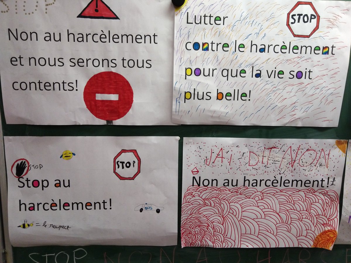 Fin du travail sur le harcèlement avec les CM2 de Mme Quaillet. Des affiches  à placer dans l'école pour y penser au quotidien., image size:1200x900