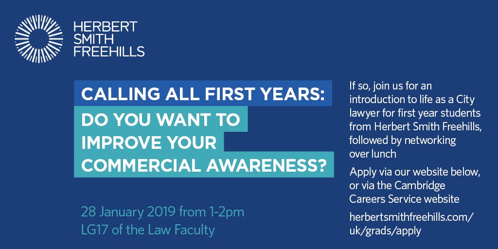 Calling all first year students – do you want to improve your commercial awareness? Join @HSFgraduatesUK for their First Year Workshop on January 28 from 1-2pm in LG17 of the Law Faculty.
