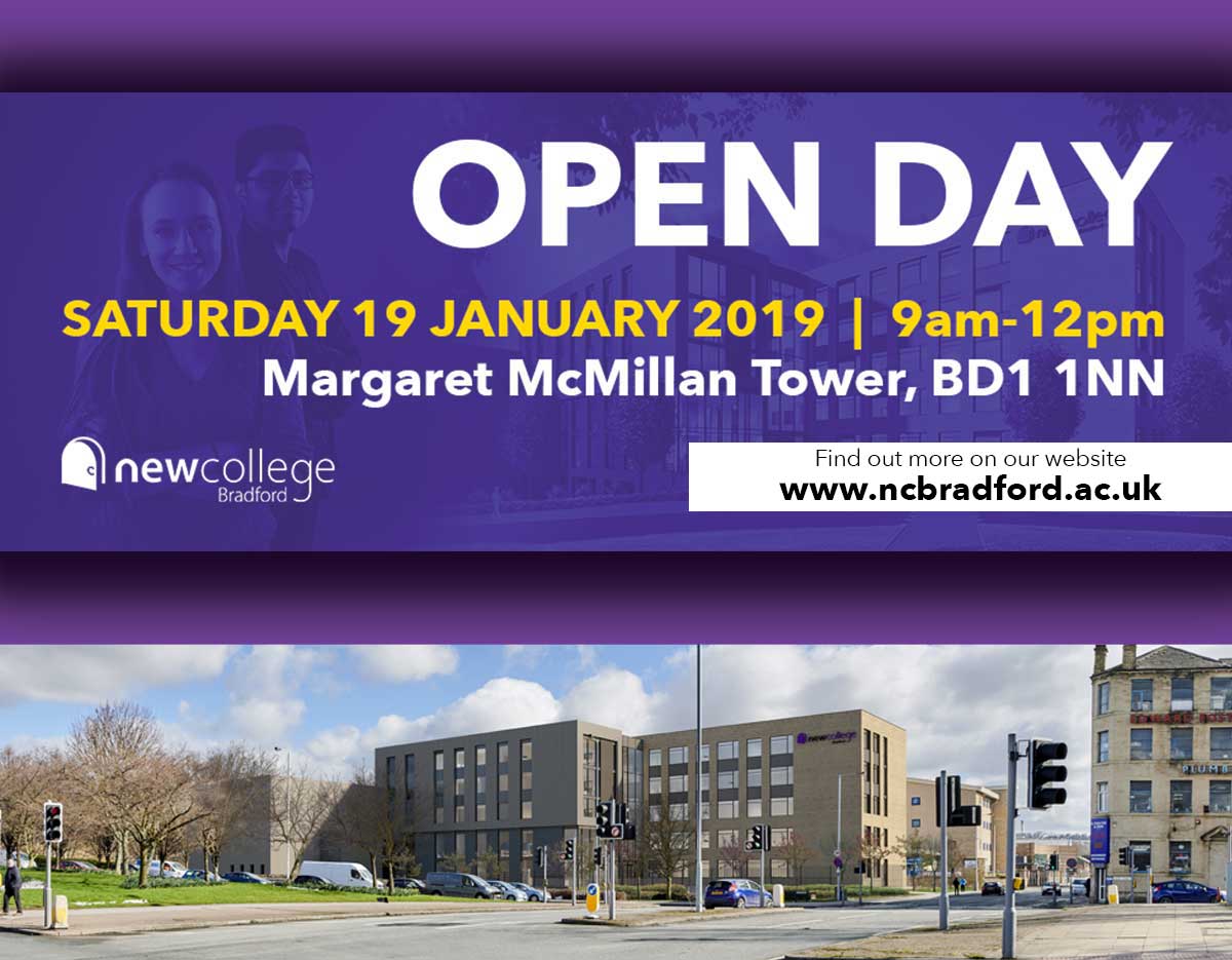 NEW COLLEGE BRADFORD - FINAL OPEN DAY Its our final open event of the year tomorrow from 9am-12pm at the Margaret McMillan Tower, Bradford, BD1 1NN. Come and find out about all of the A-Level and BTEC courses we'll be offering before the application deadline on February 22nd.