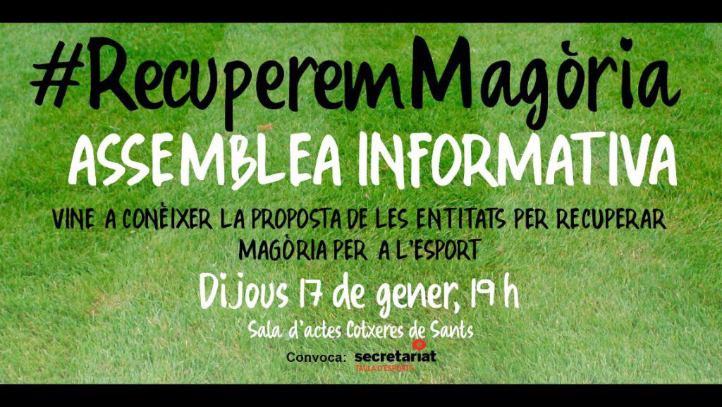 ‼️ Volem recuperar el camp de futbol, però també volem un pavelló. Volem un espai esportiu de qualitat per a la gent del barri i per a les entitats esportives. #RecuperemMagòria
Gràcies <a href="/btvesports/">btv esports</a> i <a href="/sants3radio/">sants3radio</a> per fer-vos-en ressò: bit.ly/2HvVWqv