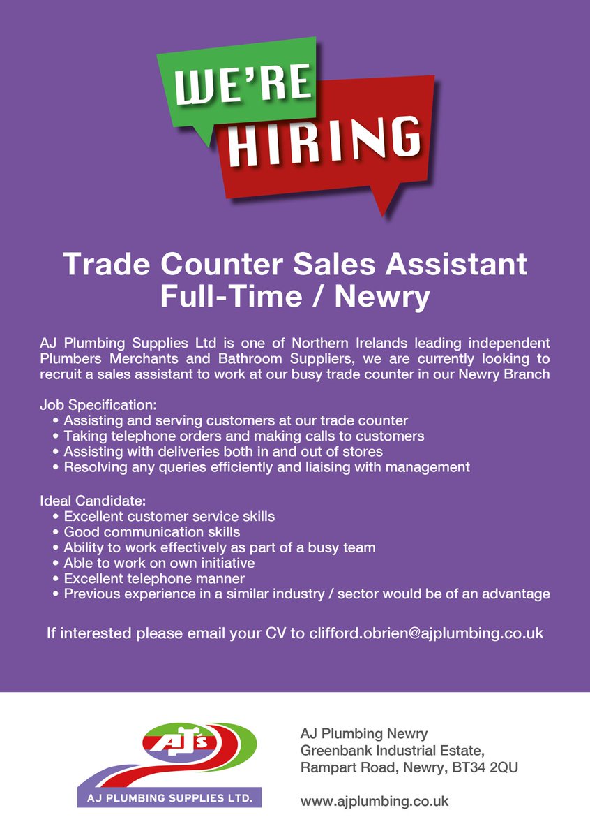 💥💥💥POSITIONS AVAILABLE IN NEWRY AND BALLYNAHINCH BRANCHES 💥💥💥