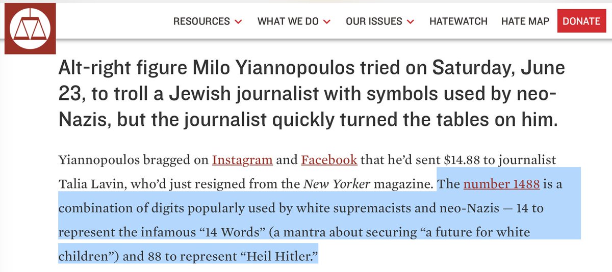 4/  https://www.urbandictionary.com/define.php?term=1488 https://www.splcenter.org/hatewatch/2018/06/24/milo-yiannopoulos-tried-troll-jewish-journalist-nazi-symbols-it-backfired-him