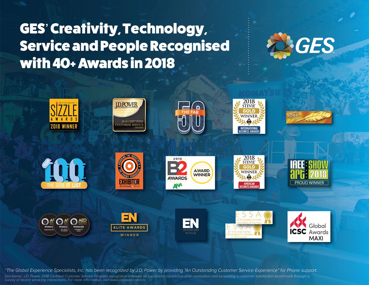GES_EMEA's tweet photo. We're proud to have been recognised with over 40 global industry awards in 2018. Read the full story - https://t.co/k0LOEspufu

#eventprofs #innovation #creativity @GESGlobal @VisitbyGES @PokenbyGES @BlitzGES https://t.co/UjCEtDP6l8