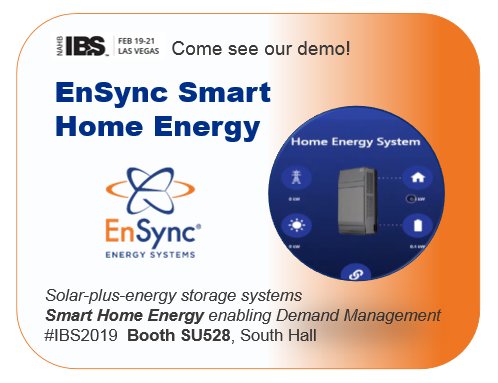 EnSyncEnergy's tweet photo. #IBS2019 We’re streaming ops data via UI from our #solar + #EnergyStorage Smart Home Energy system, demo'ing homes DC-Linked &amp; can trade energy! System even incorporates in-home #demandmanagement of major appliances. #smarthomes #greenhomes #multifamily https://t.co/NybK1iN3rI https://t.co/RhnECALmat