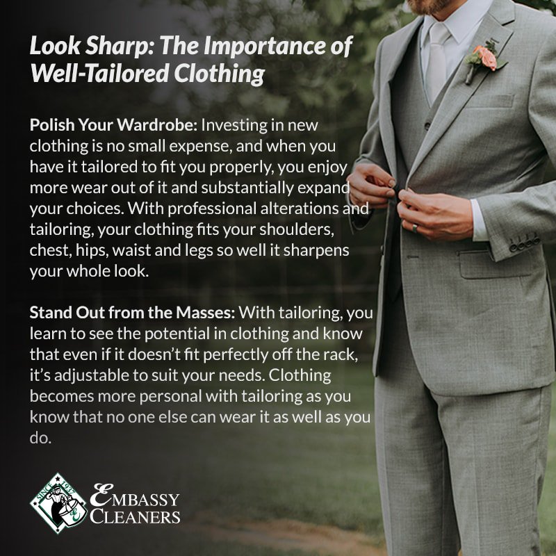 EmbassyCleaners's tweet photo. No matter what height or size, it’s challenging to find clothing that fits you perfectly. 

This is where tailoring comes in. 

Having your clothes professionally tailored is an easy, affordable way to achieve a more flattering appearance. 

Visit us at https://t.co/av78tqZ8CQ. https://t.co/R8f1nHBsW9