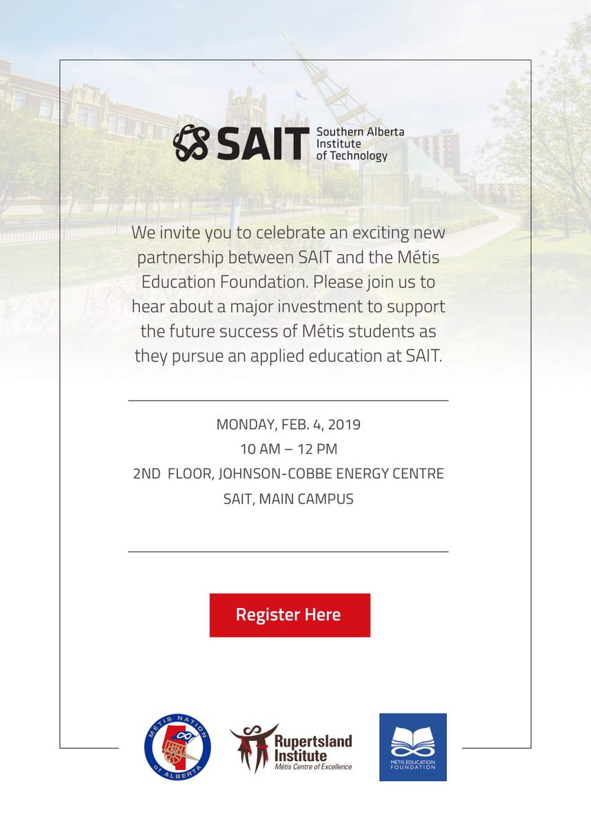 Stay tuned for an exciting announcement from SAIT Rupertsland Institute, Métis Education Foundation, and us!
Register here: http://ow.ly/3uF450k9aNe