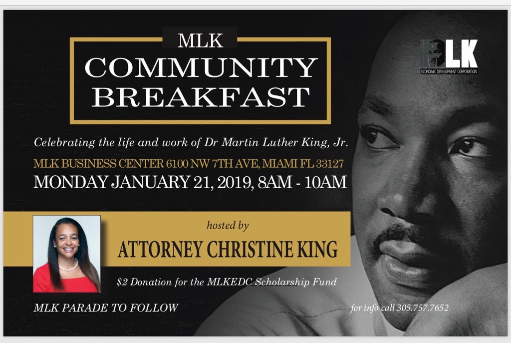 LibertyCityTrst's tweet photo. Hi Liberty City Family! Come celebrate the life and work of Dr. Martin Luther King Jr. with us at the MLK Community Breakfast Mon 01/21/2019 from 8am - 10am @ MLK Business Center 6100 NW 7th Ave Miami, FL @MLKedcenter #mlkedc #LibertyCity @CityofMiami https://t.co/XrRVm8g3NG