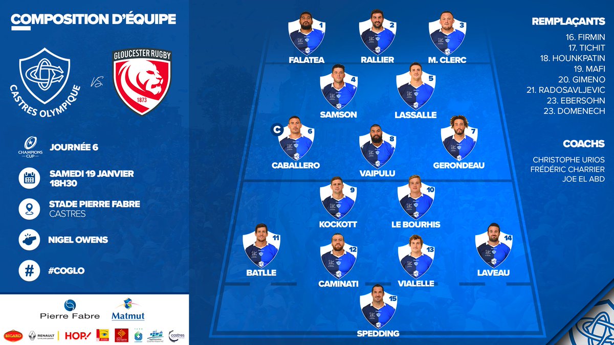 CastresRugby's tweet image. 📋 COMPO

Découvrez les 23 olympiens qui affronteront @gloucesterrugby demain à 18h30, au Stade Pierre Fabre !

TOUS EN BLEU &amp;amp; BLANC pour soutenir nos Olympiens !!! 🔵⚪

#COGLO 🏉