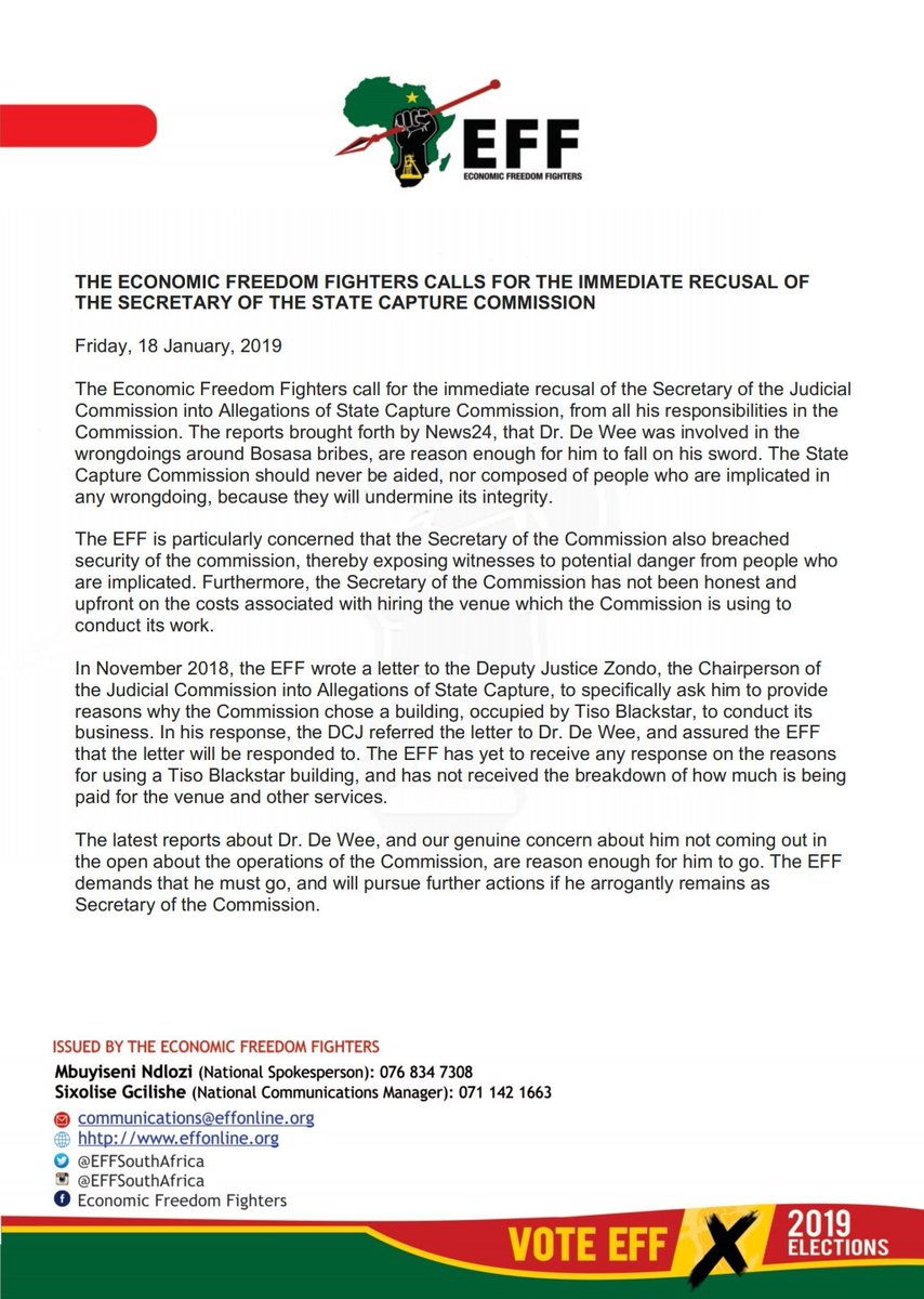 EFFSouthAfrica's tweet photo. The Economic Freedom Fighters Calls For The Immediate Recusal Of The Secretary Of The State Capture Commission https://t.co/azpq75xADu
