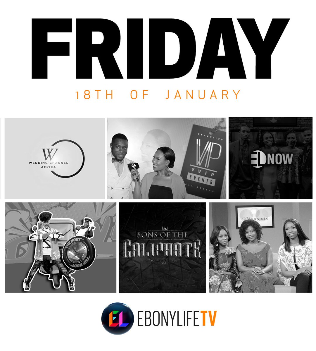 EbonyLife_TV's tweet photo. Don't miss out on some of our line-up today.
#SonsTheCaliphate: 3pm WAT
#ELNow: 5:30pm WAT
#Moments: 6pm WAT
#VVipEvents: 6:30pm WAT
#WeddingChannelAfrica: 7pm WAT
#TheBoot: 10:30pm WAT .
.
.
Set a reminder!
#EbonyLifeTV #DStv #StarTimes https://t.co/7yVpyRtyTX