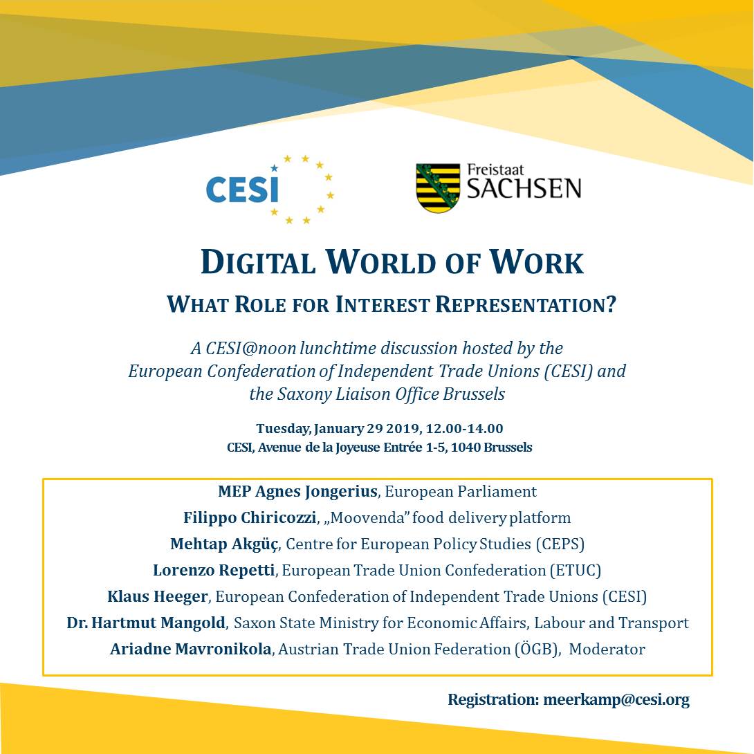 CESIunions's tweet photo. Our next CESI@noon - January 29 - "Digital world of work: What role for interest representation?" Register via meerkamp@cesi.org  
#digitalisation #interestrepresentation @EMInternational @eurofound https://t.co/HuOGAdc9UY