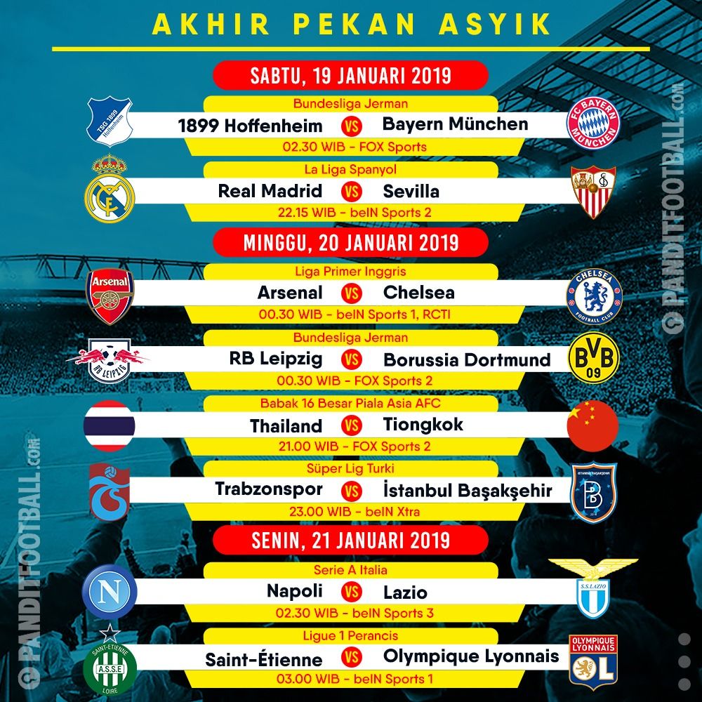 Klik http://bit.ly/2Ab4AVf Bola Gol Berita Terkini : Selamat berakhir pekan. Jadwal lengkap pertandingan lainnya bisa dilihat langsung di: https://www.panditfootball.com/jadwal/204036/RDK/190118/jadwal-siaran-langsung-pertandingan-sepakbola …