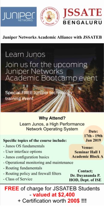 jssateb's tweet photo. Juniper Networks academic alliance with #JSSATEB Date : 17th to 19th Jan 2018 https://t.co/l9Qd4wiJLN