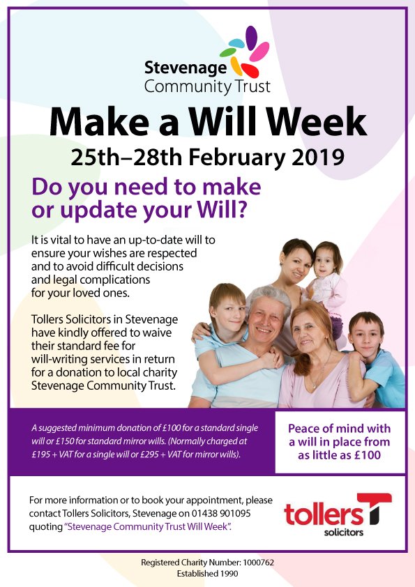 StevenageTrust's tweet photo. Make a Will Week in aid of Stevenage Community Trust 
@TollersSols @Journo_NickGill @DarrenIsted1 https://t.co/LDxONKwzjS
