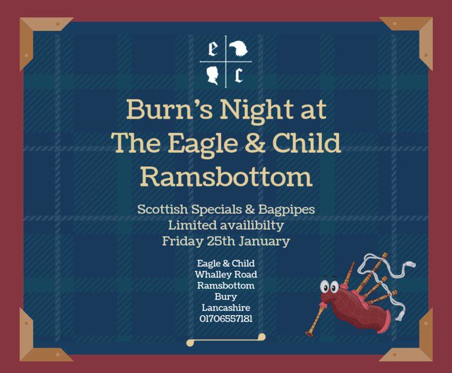 Join us on #BurnsNight for Scottish Specials &amp; bagpipes
Limited availability
Call 01706557181 or pop in to book!
#Ramsbottom #Lancashire #SocEnt #dogfriendly #Bury