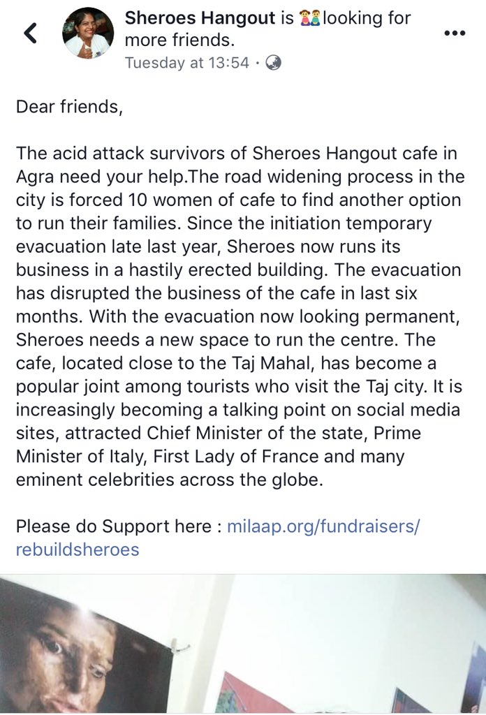 The acid attack survivors of Sheroes Hangout cafe in Agra need your help.

Please do Support here : milaap.org/fundraisers/re…

#RebuildSheroes