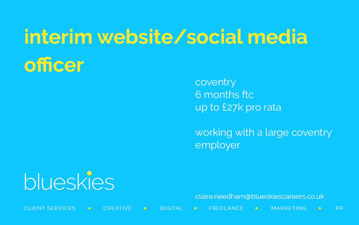 Immediately available and looking for a new challenging role - get in touch claire.needham@blueskiescareers.co.uk
hashtag#immediatelyavailable hashtag#marketing hashtag#midlands hashtag#digitalmarketing hashtag#freelancefriday