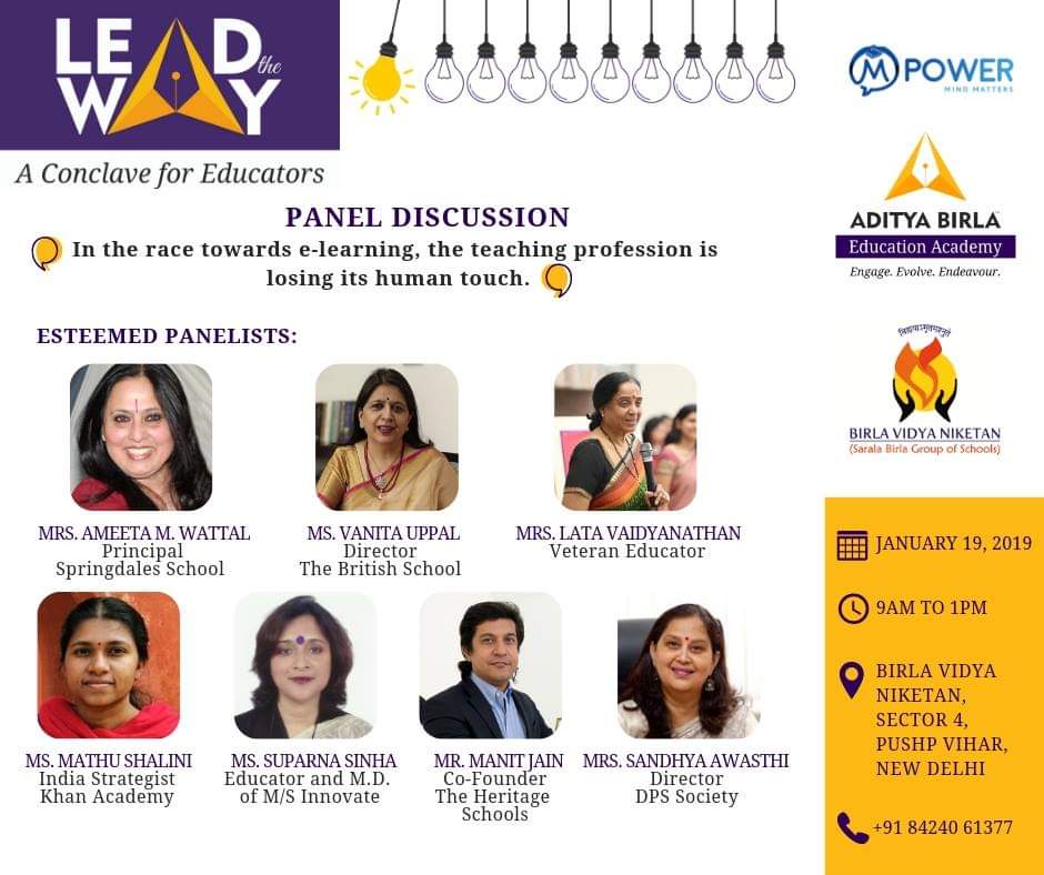 NeerjaBirla's tweet photo. Learning happens best when human interactions and technology are optimally blended - A great topic taken up, for discussion with eminent personalities, at the conclave - Lead the Way, in New Delhi on 19th Jan2019. @ABEA4Educators @mpowerminds and Birla Vidya Niketan 👍 https://t.co/1eWFpUNHjp