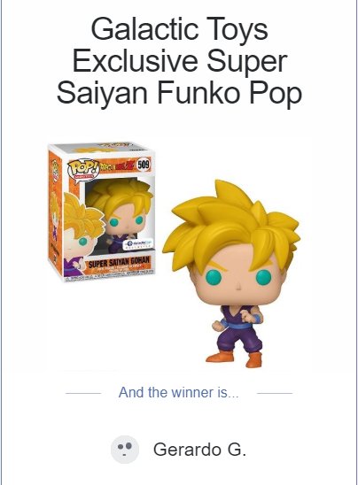 GalacticToyz's tweet photo. Congratulations to Gerardo! You have won the #GalacticGiveaway of #GalacticToysExclusive Super Saiyan Gohan!!
Sorry to those who did not win, be on the look out for our next giveaway!
#FunkoGiveaway #GiveawayWinner #SuperSaiyanGohan #SSGohan https://t.co/warJWc2SLP