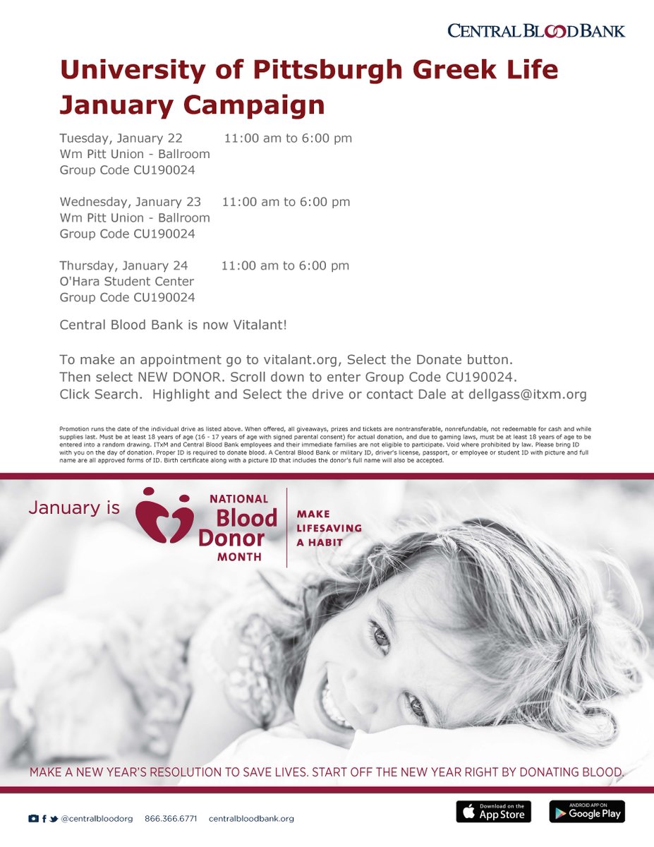 Pitt Greeks hosting a 3-day blood drive Jan. 22-24. Help stock the local blood supply during this time of urgent need.  Participating donors entered into random drawing for 2 Pens tickets! Appts  recommended: donateblood.centralbloodbank.org. @PittGreekLife  <a href="/PittStudents/">Pitt Student Affairs</a> <a href="/greekweekpitt/">Pitt Greek Week</a>