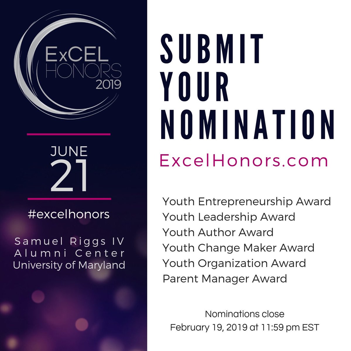 ExCELYthMentor's tweet photo. NOMINATIONS ARE NOW OPEN!!🤩 We are searching for extraordinary young trailblazer, parents, and youth organizations and we need your help. Visit https://t.co/3KZZMWNbzb to nominate someone TODAY & SHARE!! #excelhonors2019 #excelbeyond #awards #YoungEntrepreneurs #youngleaders https://t.co/1nCkBKQtvj