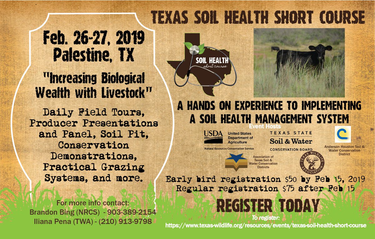 NRCSTexas's tweet photo. Soil Health Short Course in Palestine, Texas February 26-27. "Increasing Biological Wealth with Livestock" - Daily ranch tours, producer presentations, conservation demonstrations, practical grazing systems and more. Register today! 
https://t.co/tLLU6FBcnB https://t.co/AAExWmg6fB