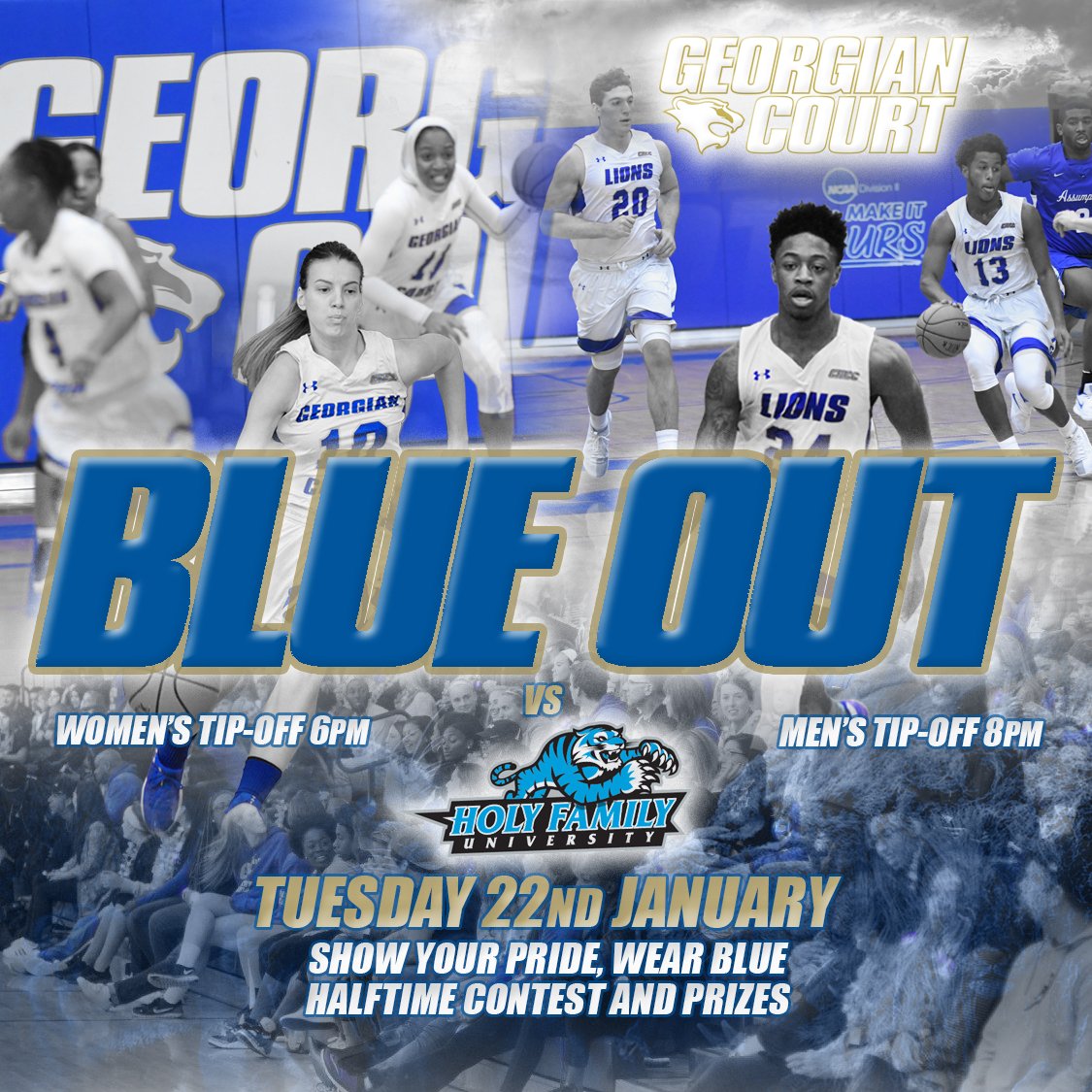 Georgian Court University Lions (@gculions) on Twitter photo Join us for Tuesday's BLUE OUT as <a href="/GCULionswbb/">GCU WBB</a> & <a href="/GCULionsMBB/">Georgian Court MBB</a> host <a href="/GoHFUTigers/">Holy Family Tigers</a> for the first home games of the spring semester! Wear your GCU Blue! Games! Prizes! New Student Section!!! #GCUnity <a href="/Georgiancourt/">Georgian Court University</a> <a href="/gcustudentlife/">Georgian Court Student Life</a> <a href="/WhereIsRoary1/">Roary Lions</a> <a href="/CACC01/">Central Atlantic Collegiate Conference</a> @AlumniGCU <a href="/NCAADII/">NCAA Division II</a> Join us for Tuesday's BLUE OUT as <a href="/GCULionswbb/">GCU WBB</a> & <a href="/GCULionsMBB/">Georgian Court MBB</a> host <a href="/GoHFUTigers/">Holy Family Tigers</a> for the first home games of the spring semester! Wear your GCU Blue! Games! Prizes! New Student Section!!! #GCUnity <a href="/Georgiancourt/">Georgian Court University</a> <a href="/gcustudentlife/">Georgian Court Student Life</a> <a href="/WhereIsRoary1/">Roary Lions</a> <a href="/CACC01/">Central Atlantic Collegiate Conference</a> @AlumniGCU <a href="/NCAADII/">NCAA Division II</a>
