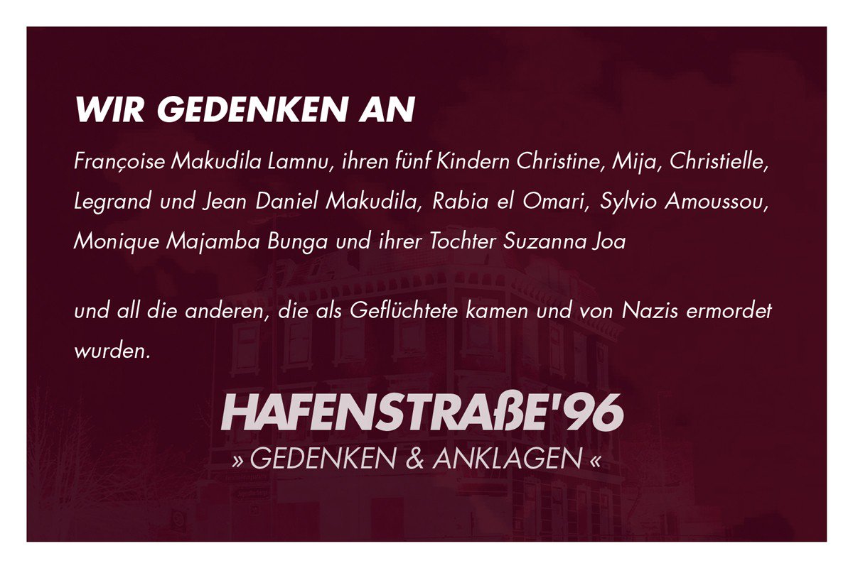 Wir gedenken der Ermordeten des #Lübeck|er Brandanschlags von 1996 in der Hafenstraße 52. Unsere #Solidarität gilt den Überlebenden und allen betroffenen rassistischer Gewalt. #RassismusTötet #KeinVergeben #KeinVergessen