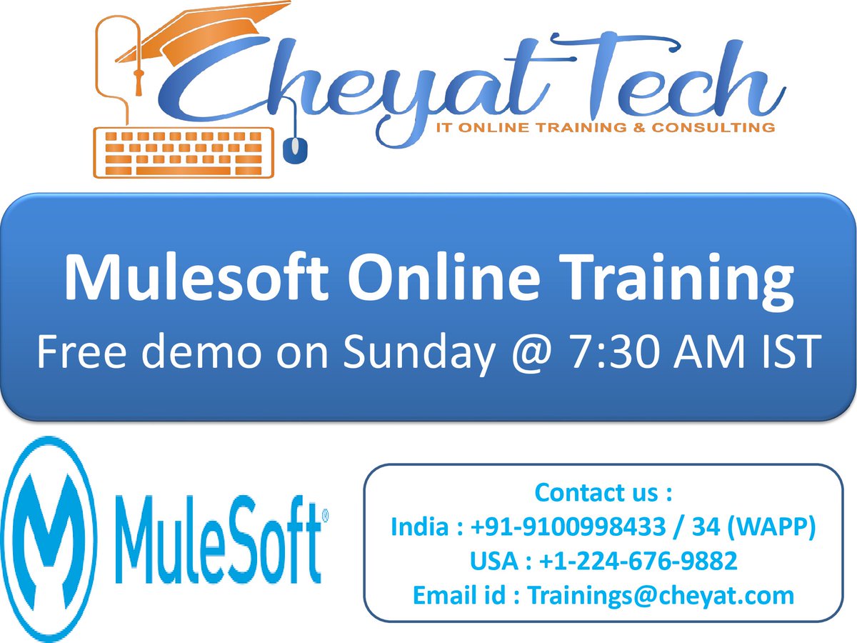 Cheyat_Tech's tweet image. Mulesoft Online Training Free Demo Session on Sunday @ 7:30 AM IST 

Course Content : cheyat.com/mulesoft-onlin…

For more info contact us : Trainings@cheyat.com
India : +91-91009-98433 / 34 (Whatzapp) 
USA  : +1-224-676-9882 

#MulesoftOnlineTraining #CheyatTechnologies