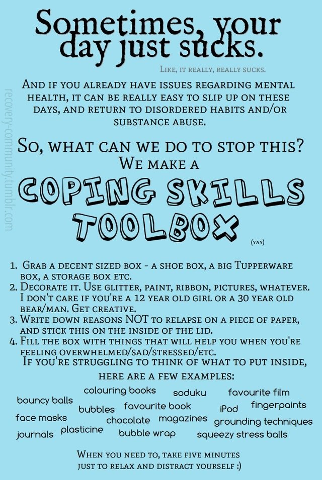 CTDCC_SA's tweet image. How do you cope with #baddays without #relapsing? Here is an idea to make a #coping skills #toolbox! #Addiction #recovery