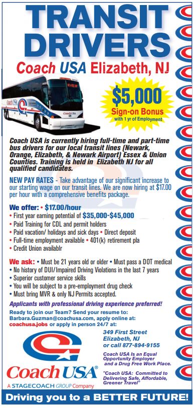 Coach USA is hiring Local Transit Drivers in Elizabeth NJ!
Full time and part time available.
Comprehensive benefits package included!
Interested? Click here to find out more or to apply http://ow.ly/pxfx50kf69K
#busdriver #Job #Jobs #joblisting #driverjob #bus