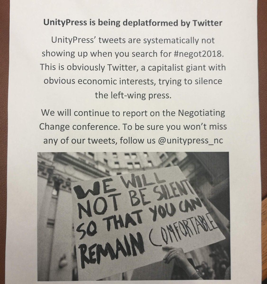 ac_vienna's tweet photo. Liberal media outlet @unitypress_nc currently distributing leaflets amongst UN delegates. Are we witnessing digital censorship at #negot2018?
Their resolute effort to give marginalized parties a public voice has surely antagonized many state actors in the past. https://t.co/ISgKKbfJvr