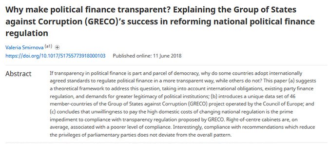 Why make political finance transparent? Explaining the Group of States against Corruption (GRECO)’s success in reforming national political finance regulation - Valeria Smirnova - ow.ly/msug30ktpVf - free access until the end of January 2019 #EPSR10