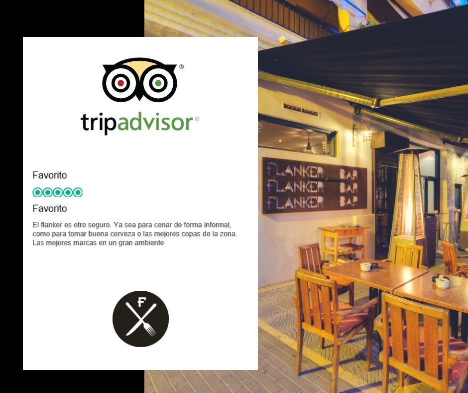 Opiniones 5⭐️
¡Gracias por formar parte de nuestra comunidad en #TripAdvisor!
👉🏼bit.ly/flankerbar 
📍Calle Ávila, Guadalcántara fase 4
☎️952 78 28 96
#FlankerBar #SanPedroAlcántara #FlankerLovers