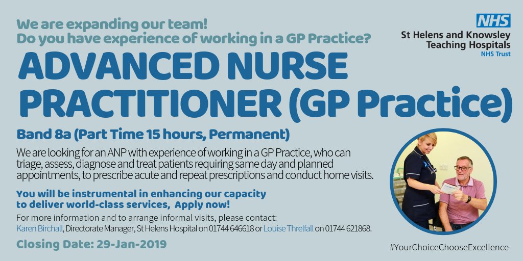 We're recruiting for an #Advanced #Nurse #Practitioner #GP #Practice to join us! Apply now: buff.ly/2DdVf0z 

#WeAreTheNHS #ANP #NursePractitioner #GPNurse #NurseManagement #Nursingroles #NursePractitioners #SeniorNurse #Healthcare #Nursing #Nursejobs #NurseLeaders