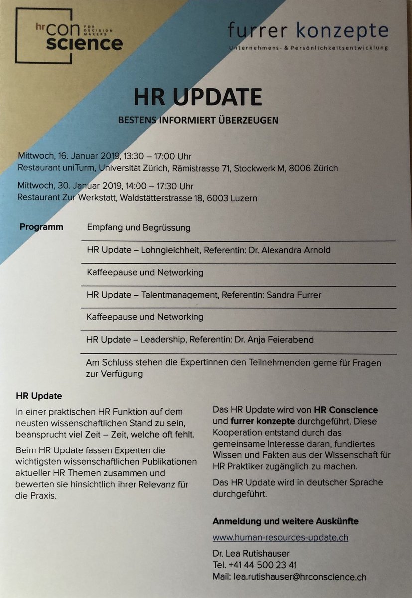 AlexArnoldLU's tweet photo. HR Update (@HR_ConScience und furrer konzepte) presents the latest academic insights for practinionners on #PayTransparency #Talentmanagement and #Leadership. A few spots still available for our HR Update in Lucerne on January 30. https://t.co/XBswtjkmpV