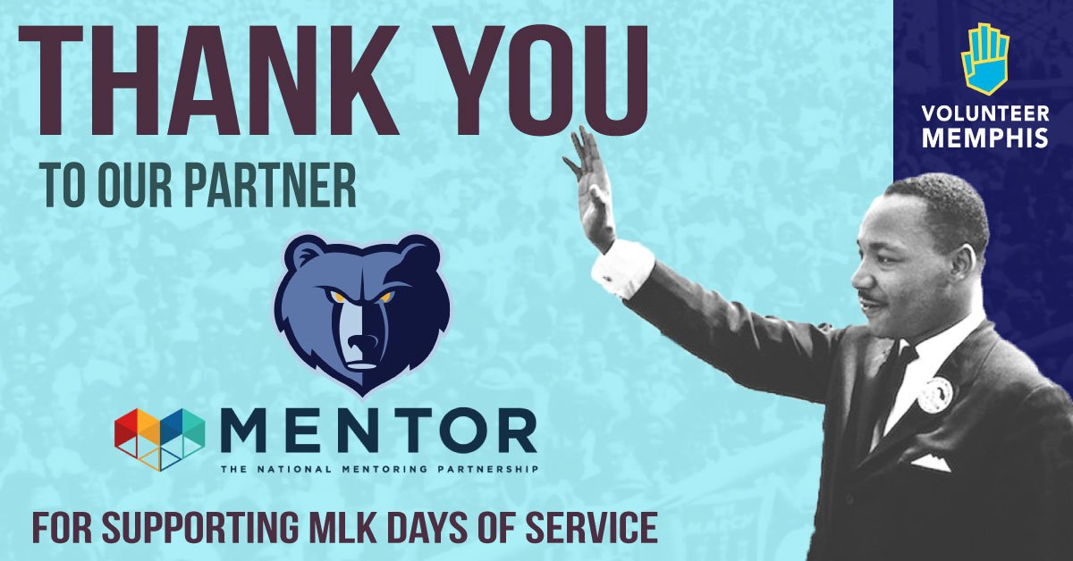 VolunteerMEM's tweet image. Thank you very much to 2019 #MLKDaysOfService partner @MENTORnational @GrizzCommunity for joining the #community effort to celebrate and honor Dr. Martin Luther King Jr.’s legacy with a weekend of community service projects in #Memphis.