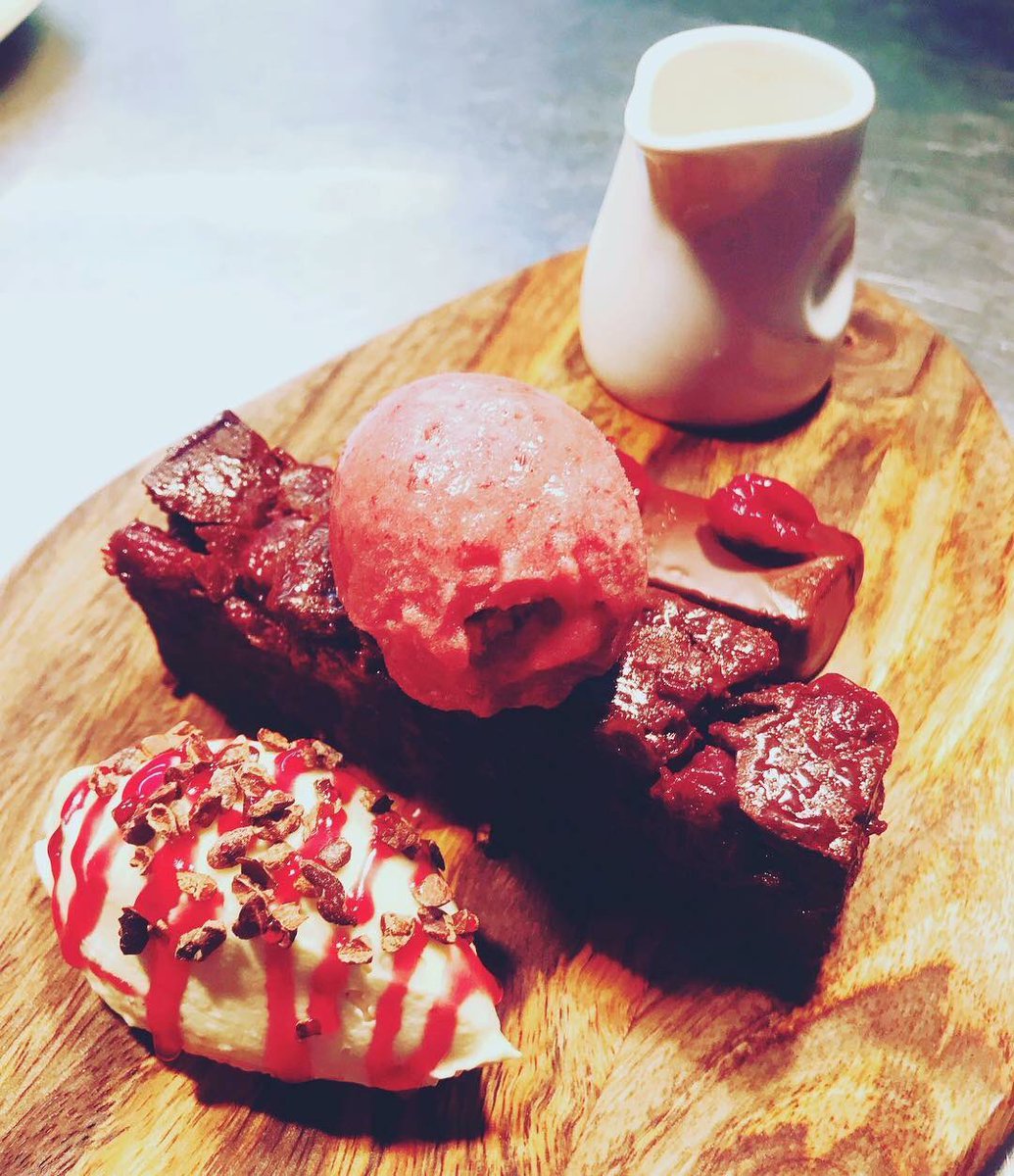 Worth breaking a New Years resolution for... Cherry Chocolate Brownie - Tonka Bean Custard- Sour Cherry Sorbet - Cherry Turkish Delight - Malt Cream. #holmfirth #huddersfield #yorkshire