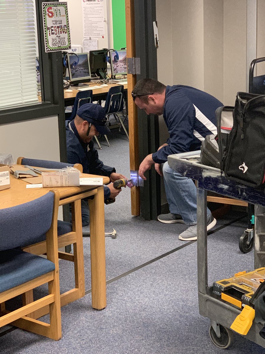 Thankful that my workplace values my safety. #MyMISD is hard at work before 8am to assure this door will lock properly in case of lockdown. 👍 🐻 ❤️ #bearshine