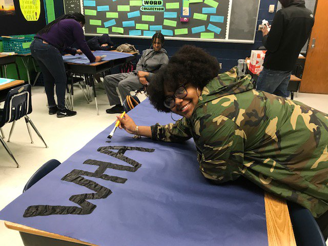 MsLucasLCB's tweet photo. Mass comm students preparing for the student cheering section for Bird's unparalleled Medford team!  Go Skyhawks! #betheU, #oneCCPS, @lcbirdprincipal https://t.co/z9FpyrQV8C