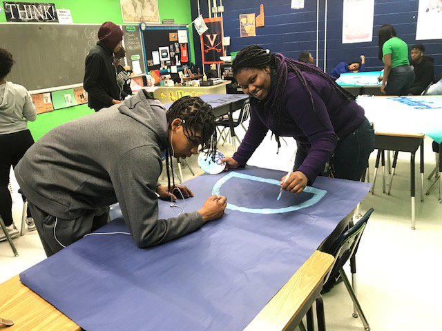 MsLucasLCB's tweet photo. Mass comm students preparing for the student cheering section for Bird's unparalleled Medford team!  Go Skyhawks! #betheU, #oneCCPS, @lcbirdprincipal https://t.co/z9FpyrQV8C
