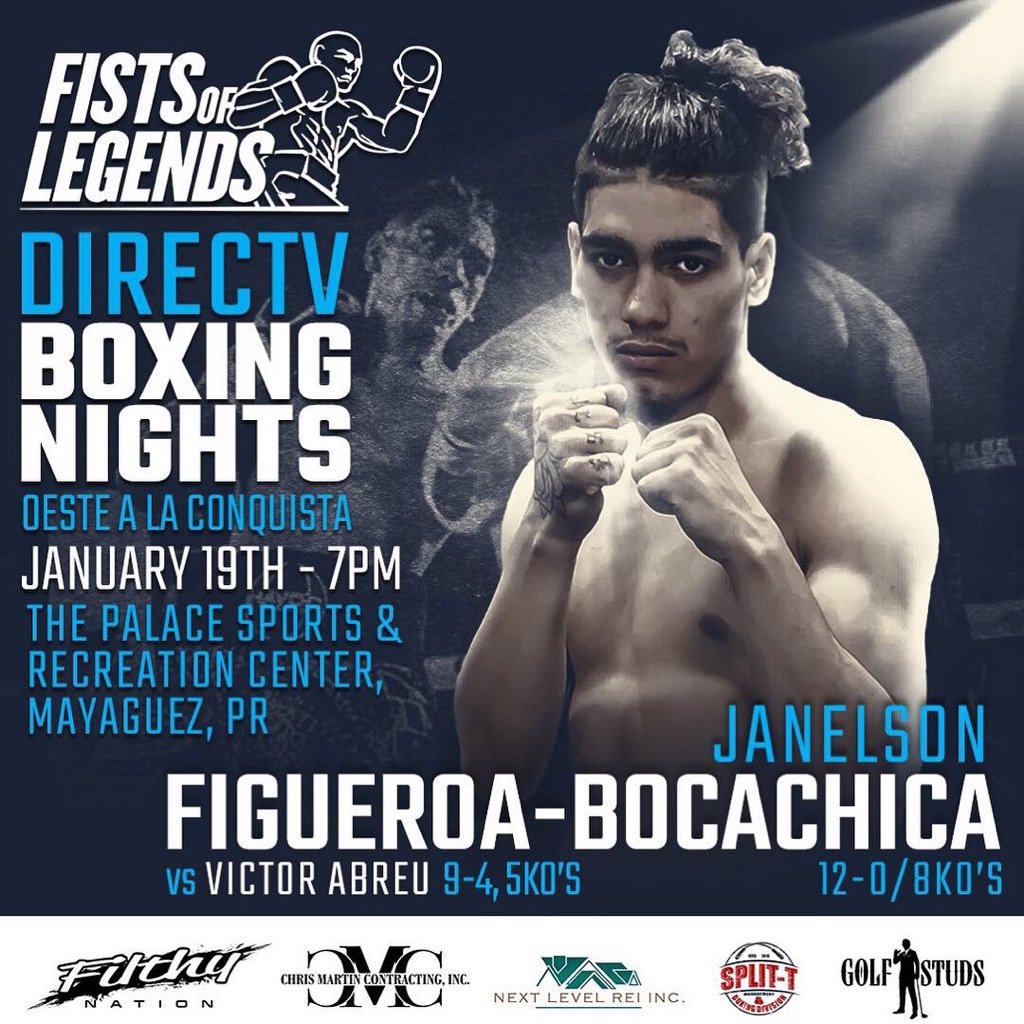 FistsOfLegends1's tweet photo. Figueroa-Bocachica, who is represented by Split-T Management, will make his debut under the Fists of Legends banner this Saturday,January 19th when he fights in Puerto Rico at the Palace of Recreation &amp; Sports against Victor Abreu (9-4, 5 KOs) On DirectTV https://t.co/6gp7RkIt3s
