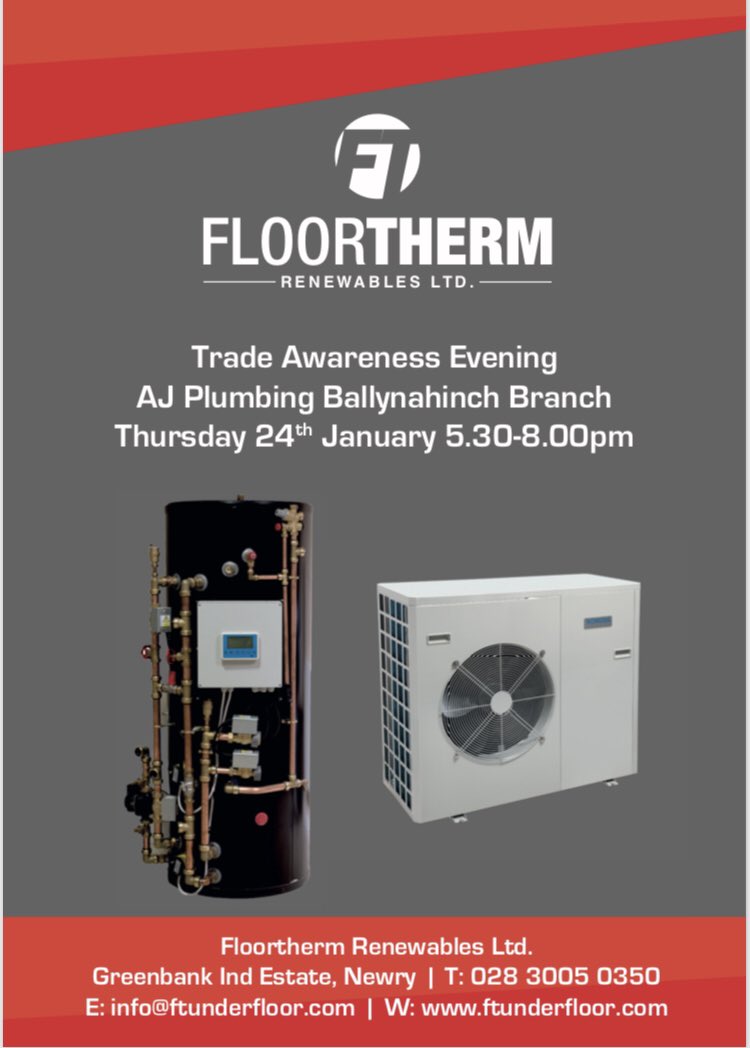 Want to know more on <a href="/floortherm/">Floortherm Renewables</a> Product Ranges - the first of our Trade Awareness Events starts next week <a href="/SuppliesAj/">AJ Plumbing Supplies</a> B’Hinch!! #MVHR #HeatPumps #underfloorheating #AskTheExperts #Plumbers #Developers #Consultants #newbuild
