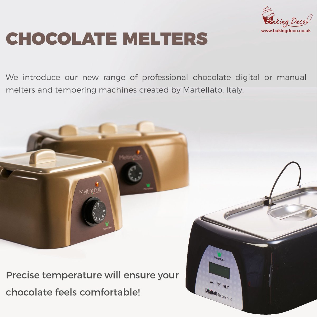 BakingDeco's tweet image. Big range of analogue &amp;amp; digital #chocolate melters by Martellato available from Baking Deco. Melting &amp;amp; #tempering machines available in various sizes (from 0.8L to 13.7L) and from 1 to 4 tanks, so you can melt different chocolates at once. bit.ly/2FKclon #cakedecorating