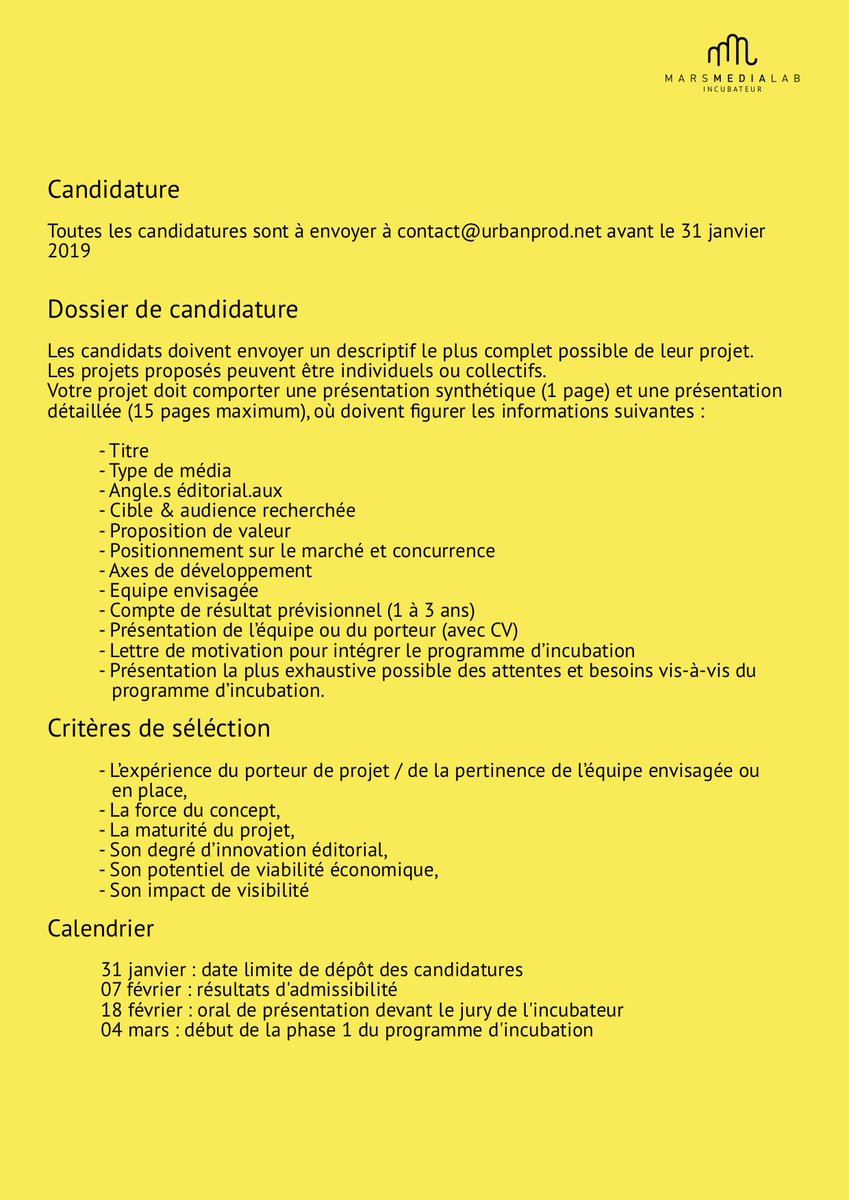 MarsMedialab's tweet image. Vous portez un projet #media ? L&apos;incubateur @MarsMedialab vous accompagne. Réception des candidatures jusqu&apos;au 31/01/2019. 
drive.google.com/file/d/1nUKSHB…