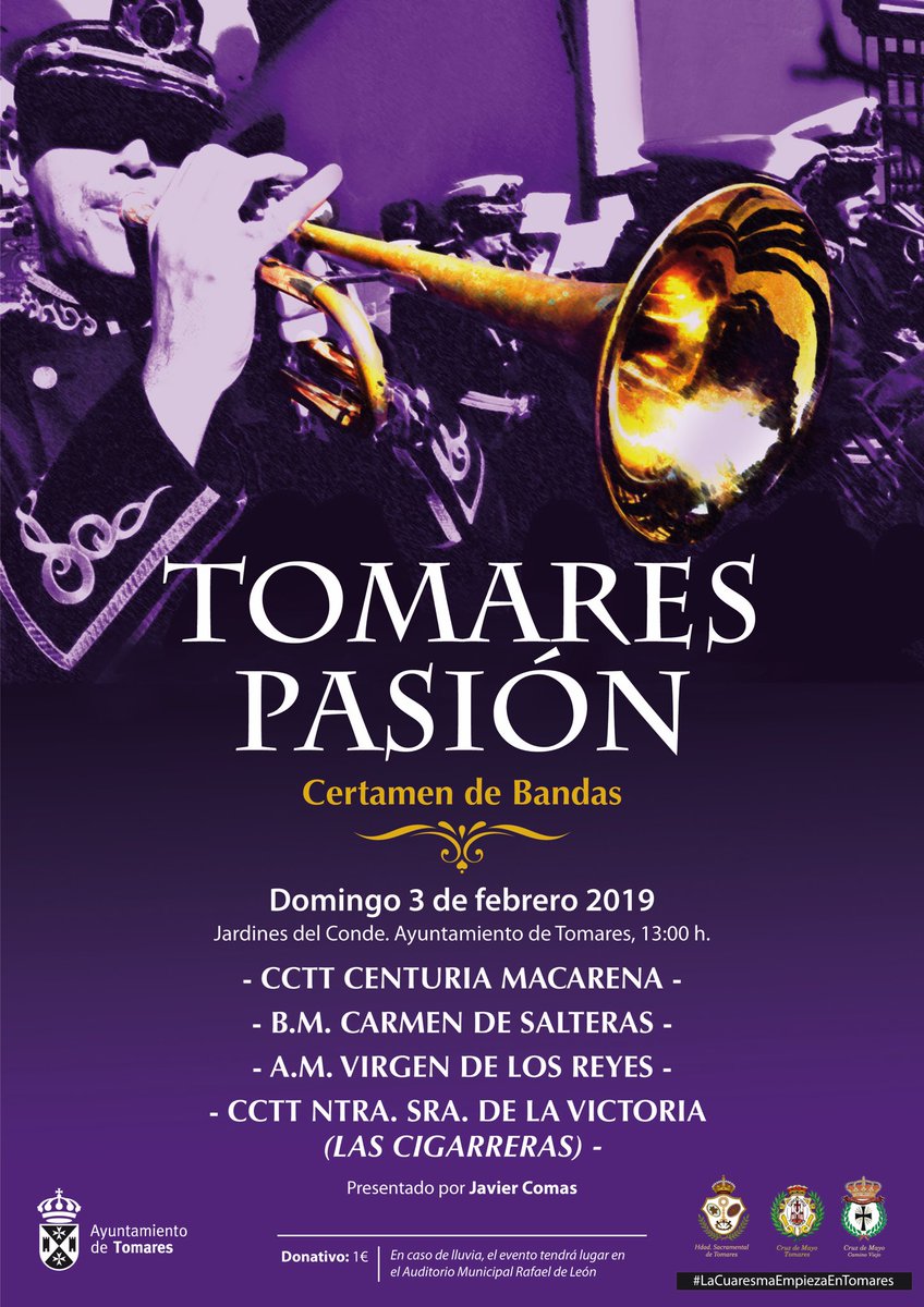 El próximo domingo 3 de febrero tenemos en Tomares un gran certamen de bandas. No os lo perdáis. #TomaresComoATiTeGusta #LaCuaresmaEmpiezaEnTomares