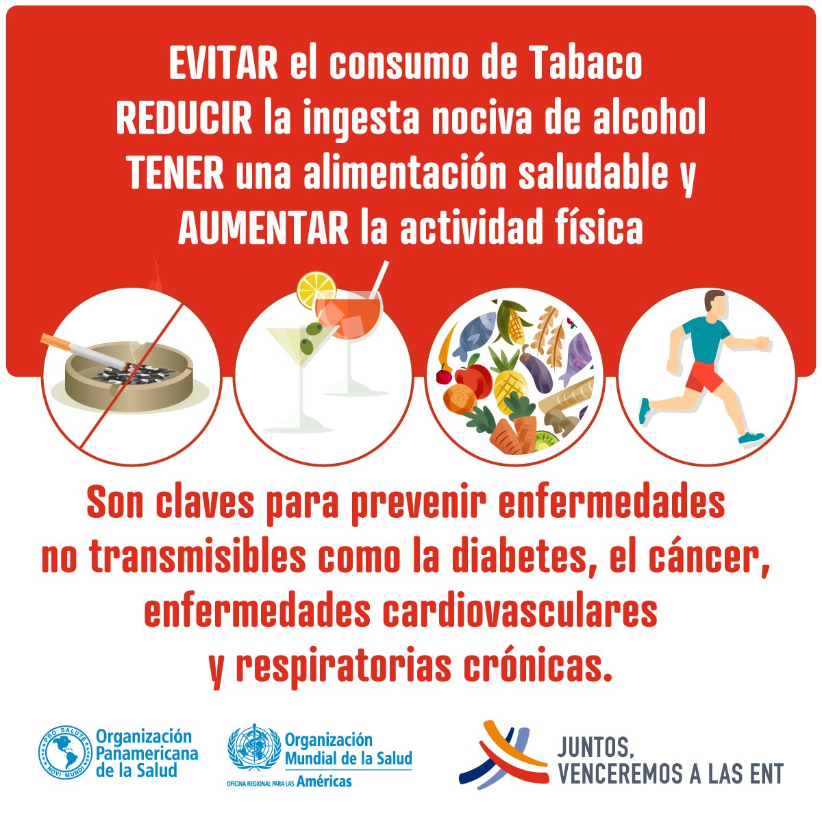 ✅Evitar el consumo de tabaco 🚭
✅Reducir la ingesta nociva de alcohol ⬇️🍷
✅Tener una alimentación saludable 🍏🥕
✅Aumentar la actividad física 🏃🏽‍♀️
❗️Son claves para prevenir enfermedades no transmisibles como el cáncer, la diabetes,enfer cardiovasculares
#VenceralasENT