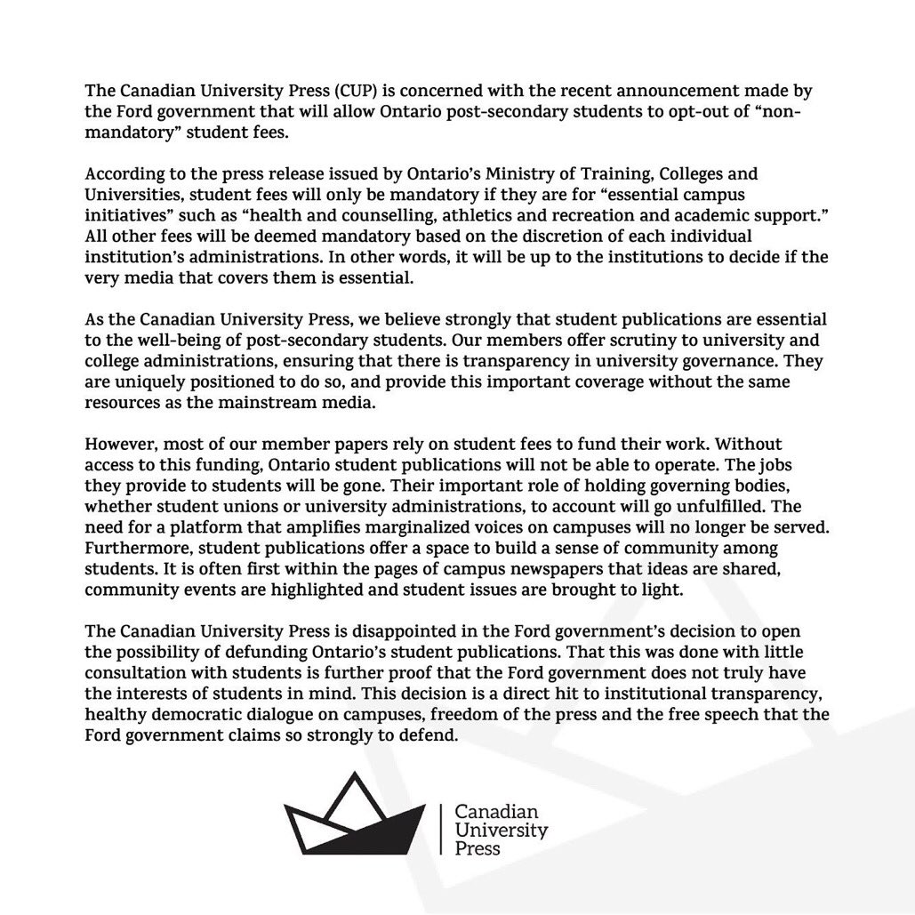 The <a href="/CanUniPress/">Canadian University Press</a> just issued this statement saying student publications are essential to the well-being of post-secondary students. I hope colleges &amp; universities lobby hard to ensure papers are considered mandatory. <a href="/DCjournoprof/">DCjournoprof</a> <a href="/DCUOITChronicle/">The Chronicle</a> @DC_Pres <a href="/DCDakotaE/">Dakota Evans</a> @Alumni_DC